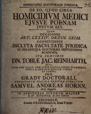 Diss. inaug. iur. de eo quod circa homicidium medici eiusque poenam iustum est