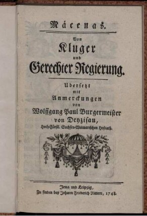 Mäcenas. Von Kluger und Gerechter Regierung