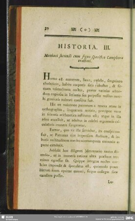 Historia III. Maniaci secundi cum signo specifico Camphora tractati