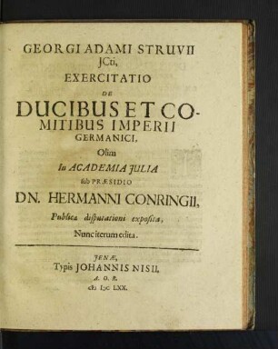 Exercitatio De Ducibus Et Comitibus Imperii Germanici ...