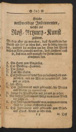 Etliche nothwendige Instrumenten, welche zur Roß-Artzney-Kunst gehören ...