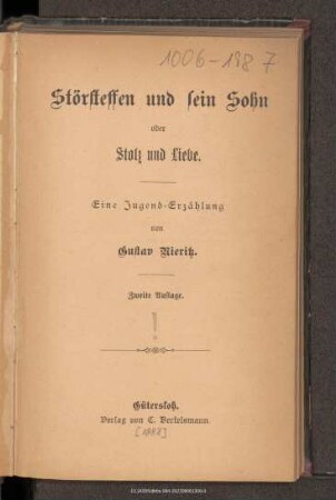 Störsteffen und sein Sohn oder Stolz und Liebe : eine Jugend-Erzählung