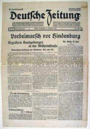 Konservative Tageszeitung "Deutsche Zeitung" zur Kundgebung der Nationalsozialisten nach der Ernennung Hitlers zum Reichskanzler (Fackelzug)