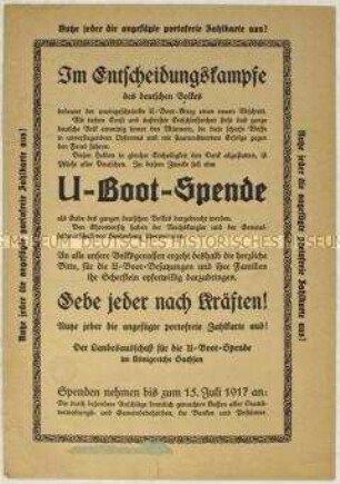 Propagandaflugblatt für die "U-Boot-Spende", rückseitig Porträt von Großadmiral von Tirpitz