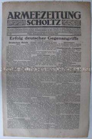 Kriegszeitung der Armee Scholtz mit Nachrichten und Berichten von verschiedenen Kriegsschauplätzen