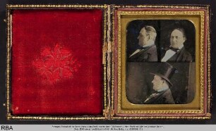 Portrait eines Herrn; links oben: Profil; rechts oben: 3/4 Ansicht; unten: Profil mit Zylinder (dreifach Belichtung der selben Platte)