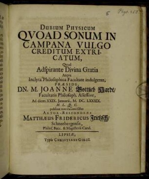 Dubium Physicum Quoad Sonum In Campana Vulgo Creditum Extricatum