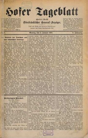 Hofer Tageblatt : oberfränkischer Generalanzeiger ; unparteiische und unabhängige Zeitung. 1887,1/6 = Jg. 9