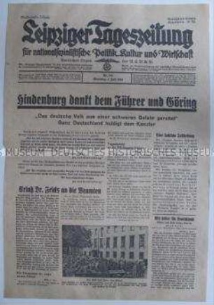 Titelblatt der "Leipziger Tageszeitung" mit einem Telegramm von Hindenburg an Hitler nach der "Röhm-Affäre"