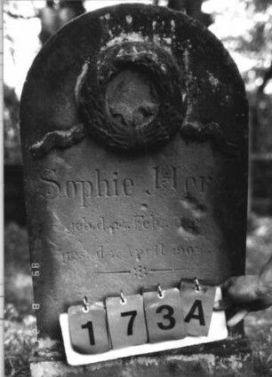 Grabstein 173 (Index: 100110642) Material: Sandstein Zustand: leicht verwittert, geringer Textverlust Maße HxBxT: 99x55x16 cm Beschreibung: Stele, Sockel, Rundbogenabschluß Symbolik: Kranz mit Band: Grabstein 173A