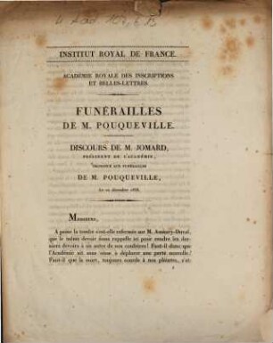 Funérailles de M. Pouqueville. Discours de M. Jomard ... : le 22 decembre 1838