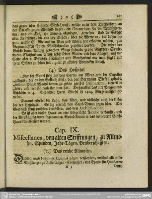 Cap. IX. Miscellanea, von alten Stifftungen, zu Allmosen, Spenden, Jahr-Tägen, Brüderschafften