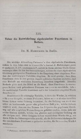 XIX. Ueber die Entwickelung algebraischer Functionen in Reihen.