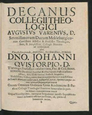 Decanus Collegii Theologici Augustus Varenius ...