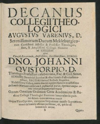 Decanus Collegii Theologici Augustus Varenius ...
