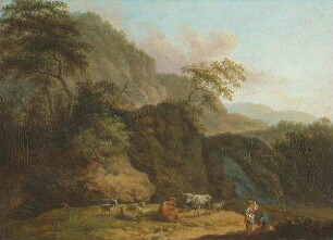 Landschaft mit Fels und Fluss und drei Hirten mit Ziegen
