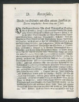 D. Reversales, Welche der Schmidt und allen andern Zunfften zu Deuren mitgetheilet/ Anno 1609. am 21/ 31 Julii.