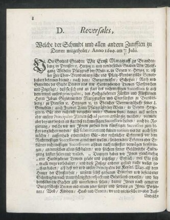 D. Reversales, Welche der Schmidt und allen andern Zunfften zu Deuren mitgetheilet/ Anno 1609. am 21/ 31 Julii.