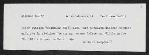 Brief von Gerhart Hauptmann an Sigmund Graff