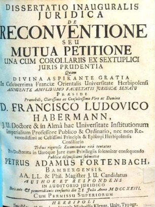 Dissertatio Inauguralis Juridica De Reconventione Seu Mutua Petitione : Una Cum Corollariis Ex Sextuplici Juris Prudentia