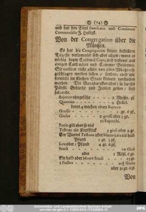 Von der Congregation über die Müntzen.