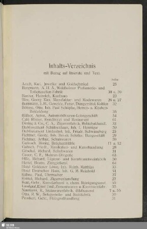 Inhalts-Verzeichnis, mit Bezug auf Inserate und Text
