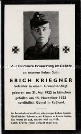 Todesanzeige für den Gefreiten Erich Kriegner, gefallen am 15. November 1943 nordöstlich von Gomel in Russland