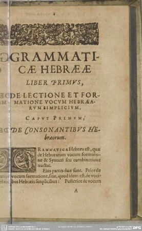 Liber Primus, De Lectione Et Formatione Vocum Hebraearum Simplicum