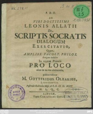 Ad Viri Doctissimi Leonis Allatii De Scriptis Socratis Dialogum Exercitatio
