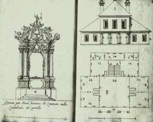 Altar in der Kathedrale von Krakau für den Bischofs.; Zweistöckiges Gebäude mit Säulen dazu Grundriss : Skizzenbuch mit Federzeichnungen polnischer Studenten?