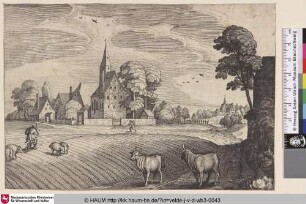 [Landschaft mit Weg entlang eines Dorfes; Landscape with Path along a Village]