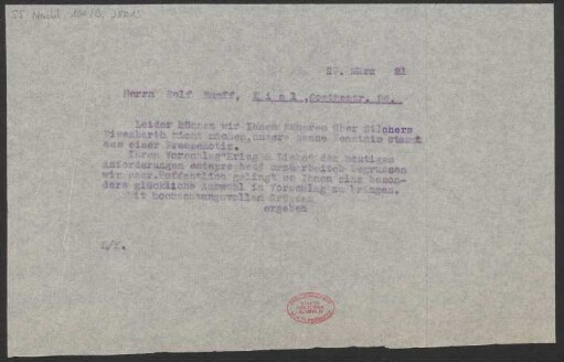 Brief an Rudolf Käser : 29.03.1921
