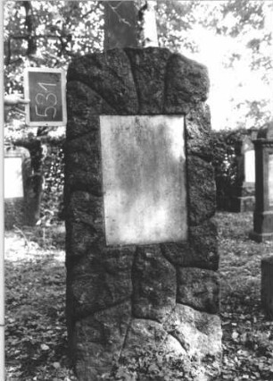 Grabstein 531 (Index: 100111002) Material: Granit, weiße Marmorplatte Zustand: gut; Schriftfeld ohne Inschrift Maße HxBxT: 156x67x37 cm Beschreibung: Stele, rustica, Segmentbogenabschluß, rechteckiges Schriftfeld: Grabstein 531