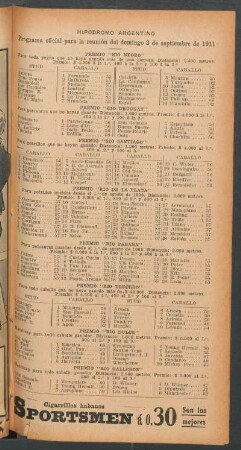 Hipódromo Argentino - Programa oficial para la reunión del domingo 3 de septiembre de 1911