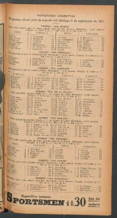 Hipódromo Argentino - Programa oficial para la reunión del domingo 3 de septiembre de 1911