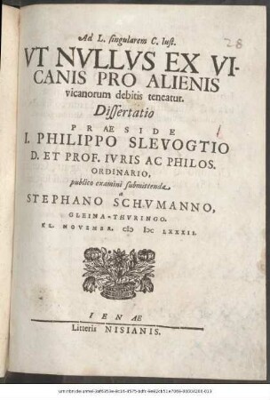 Ad L. singularem C. Iust. Ut Nullus Ex Vicanis Pro Alienis vicanorum debitis teneatur. Dissertatio