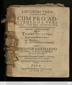 8: In quo continentur haec Capita: 29. De Morte 30. De Resurrectione mortuorum