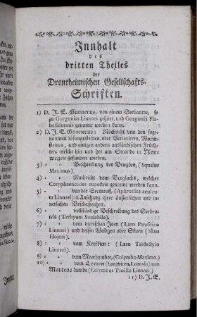 Innhalt des dritten Theils der Drontheimischen Gesellschafts-Schriften.