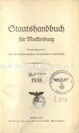 Staatshandbuch für Mecklenburg. 148. Jahrgang 1938