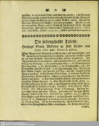 Die siebenzehende Tabelle. Hertzogs Georg Wilhelm zu Zelle Thaler von Anno 1662. mit: Pietate & Justitia