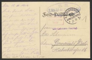 Postkarte an Lilli Lehmann : 19.11.1914