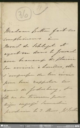 Eigenh. Brief von John Tottie an August Wilhelm von Schlegel, London, ohne Datumsangabe