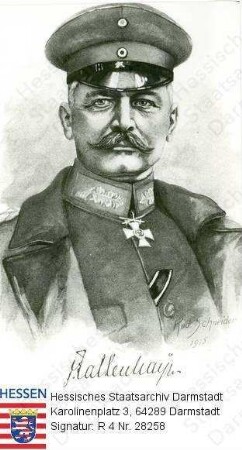 Falkenhayn, Erich v. (1861-1922) / Porträt in Uniform, leicht linksgewandtes, vorblickendes Brustbild mit faks. Unterschrift