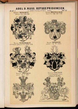 Taf. 46. Barone Mengden. Schwed. Frhr. 12.VII.1653. - Barone Mestmacher. Russ. Frhr. 21/IV. 2/V.1782. - Barone Meyendorff. a. d. H. Uexküll. Schwed. Frhr. 16/IV.1679. - Barone Mirbach. anerk. 18.V.1834. - Barone Nolcken. anerk. 10.V.1856. - Barone Nolcken Linie Kawershof-Lunia. anerk. 14.IV.1855. (Schwed. Frh. 12.XII.1747)