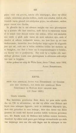 XXVII. Brief van Admiraal Jacob van Heemskerck uit Grissee aan den Coopman, ... (19 Julij 1602)