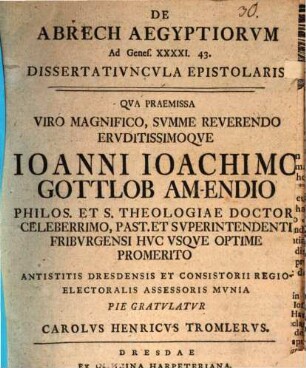 De Abrech Aegyptiorvm Ad Genes. XXXXI. 43. Dissertativncvla Epistolaris