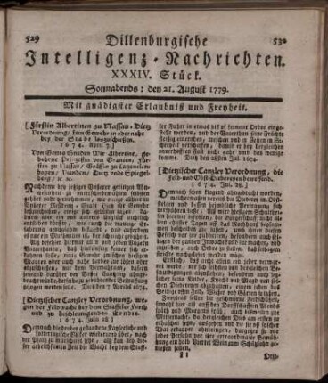 XXXIV. Stück. Sonnabends: den 21. August 1779.
