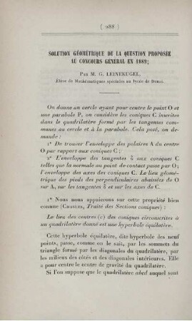 Solution géométrique de la question proposée au concours général en 1889.