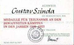 Ausweis zur Medaille für die Teilnahme an den revolutionären Kämpfen 1918-1923