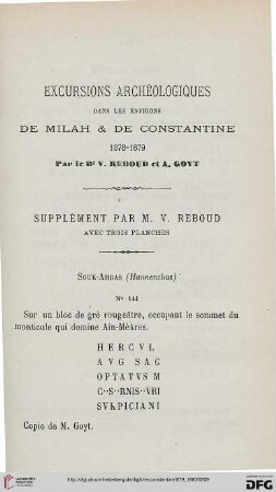 Sér. 2: Excursions archéologiques dans les environs de Milah et de Constantine 1878 - 1879, [2] : supplément par M. V. Reboud